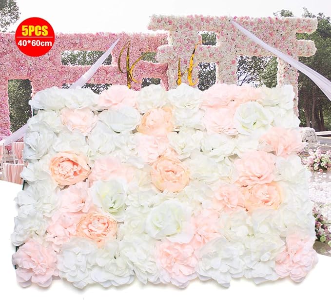 Eapmic 5Pcs 23.62"x 15.74" Artificial Flower Wall Panels,Flower Wall Mat Silk Flower Panels for Outdoor Garden Backyard Fence Fence Privacy Screen and Indoor Wall Decor(Pale Pinkish Grey)
