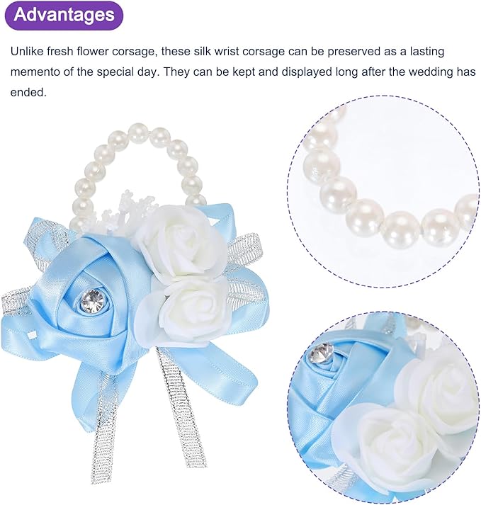 MECCANIXITY 6Pcs Wrist Corsage Artificial Flower Bracelets Rose Wrist Bride Groom Decorative for Wedding Ceremony Prom Party Anniversary Sky Blue