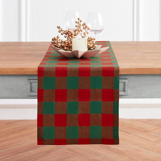 Solino Home Linen Checkered Table Runner 48 Inches - 100% Pure Linen Buffalo Check Red and Green Table Runner 14 x 48 Inch Ideal for Dresser and Coffee Tables - Winter