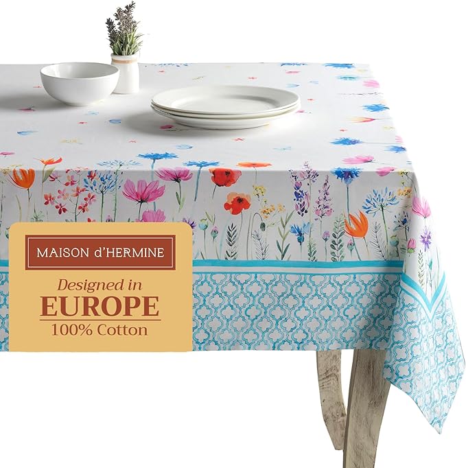 Maison d' Hermine Table Cloth Square Table 100% Cotton 60 x 60 Inches Tablecloth Reusable Decorative for Dining Room, Farmhouse, Home, Party, Festive & Wedding Spring Summer - Flower in The Field