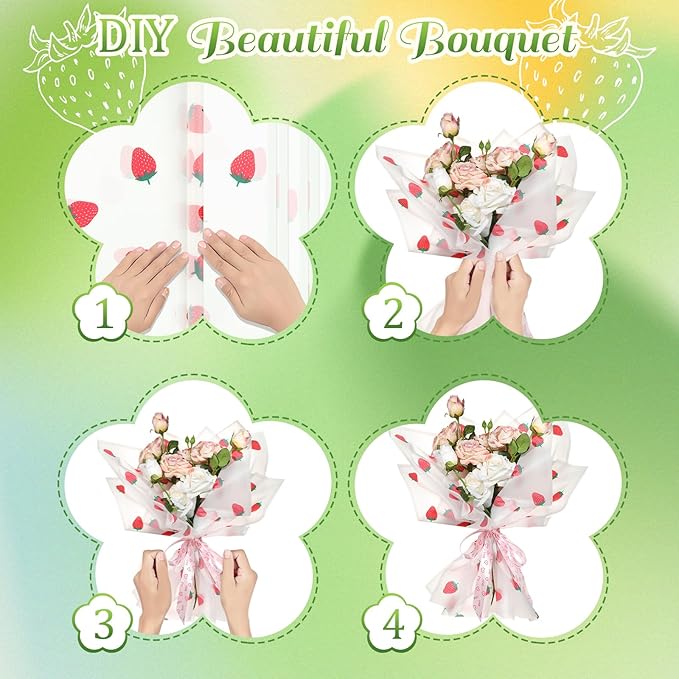 Liobelon 20 Sheets Flower Wrapping Paper Waterproof Bouquet Paper with Strawberry Pattern White Gift Wrapping Paper for Flower Shop, Wedding, Birthday Party, Handmade DIY, Anniversary 22.8 x 22.8Inch