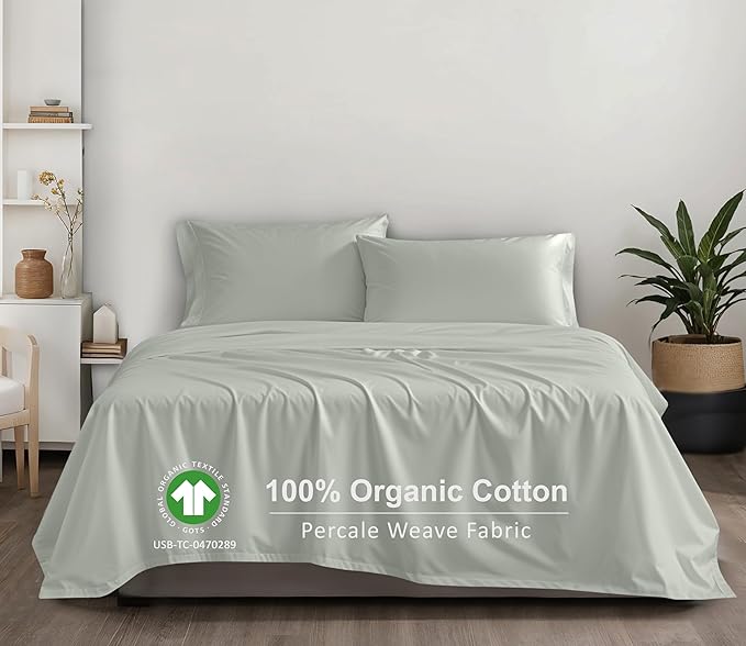 RUVANTI 100% Organic Cotton Sheets Full Size, Percale Weave, GOTS Certified, 4-Piece Set, Deep Pocket 15", Crisp & Breathable, Soft Durable Bedding, Sábanas Algodón Orgánico – Mineral Gray