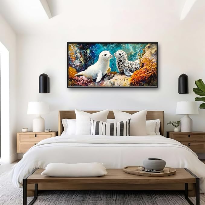 Extra Large Seal Framed Wall Art for Living Room,Oversized Underwater Animal Pictures Wall Decor,Ocean Coral Reef Canvas Print Painting Modern Artwork Bedroom Office Bathroom 60L x 30W