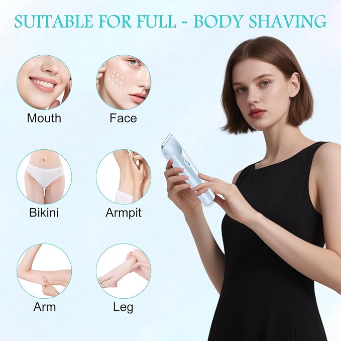 2025 New 2 in 1 Bikini Trimmer for Women, Bikini Shaver with Dual Head, Painless Smooth Shave & Gentle Pubic Hair Removal, Cordless & IPX7 Waterproof Electric Trimmer for Sensitive Skin (Blue)