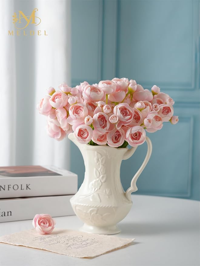 Meldel 32Pcs Ranunculus Artificial Flower, Faux Silk Mini Pink Ranunculus Flowers for DIY Bouquet, Bulk Fake Peony Wedding Filler Flowers for Centerpieces Arrangements Bridal Shower Decorations