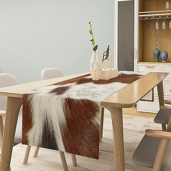 Cow Skin Print Table Runner, Rustic Country Farmhouse Animal Fur Skin Western Farm Dark Brown Cowhide Print Dinner Runner Table Decoration for Home Kitchen Dining 13x120in