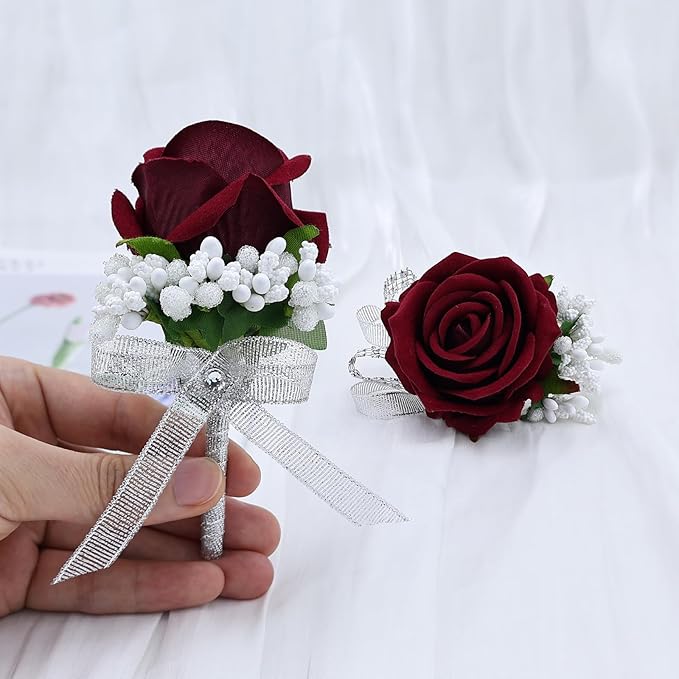2Pcs Burgundy Rose Corsage and Boutonniere Set, Artificial Wrist Corsage Wristlet Bracelets, Men Boutonniere for Wedding Party Formal Dinner Flowers Accessories Prom Decorations