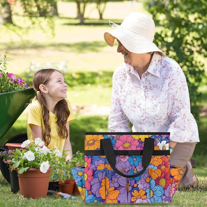 Garden Tool Bag Organizer Garden Tote Bag with Pockets Rainbow Flowers Tool Storage Organizer Gardening Tool Kit Holder 13" x 6.8" x 2.8"