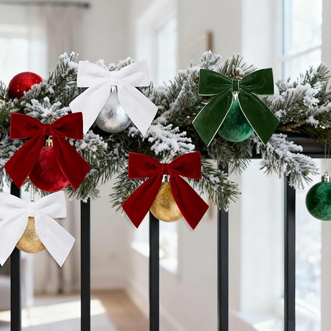 30 Pcs Velvet Ribbon Bows 5" x 4" Pre Tied Christmas Velvet Bows with Twist Tie for Gift Packaging Christmas Tree Wreaths Door Windows Wedding Party Decoration(Xmas Colors)