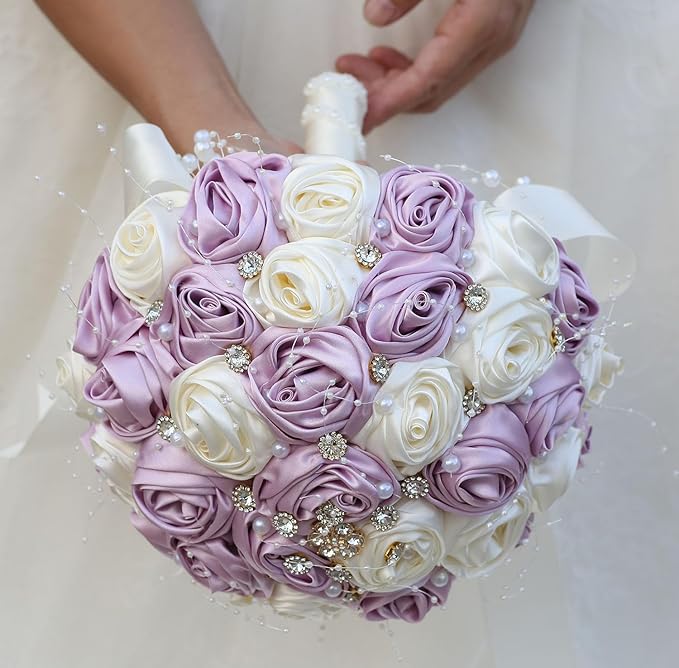 Bridal Wedding Bouquet Round Bling Brooch Bouquet Throw Toss Artificial Rose Flower Bunch for Bride Bridesmaid Wedding Quinceanera(Light Taro Purple & Ivory, 9.8")