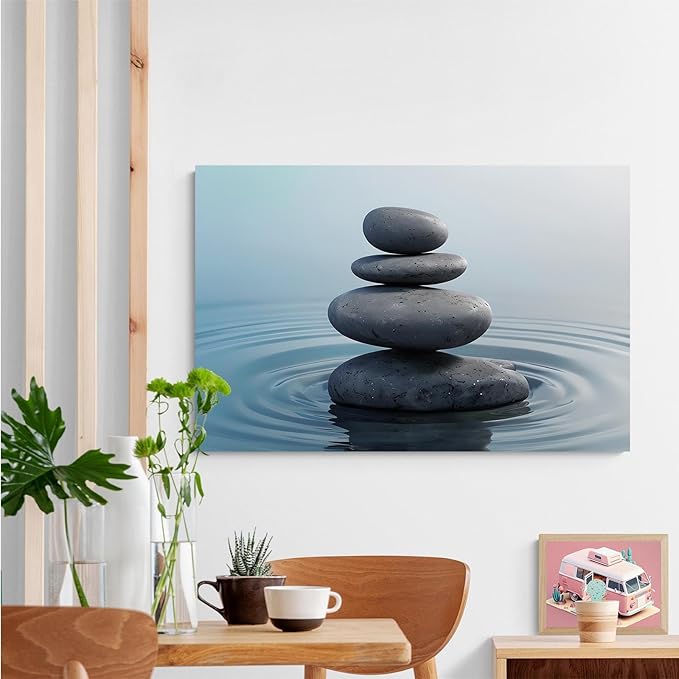Zen wall art Harmonious grey stones stacked on a calm surface of water Serene Zen decor suitable for tranquil homes and spaces of meditation 32x48in Frameless