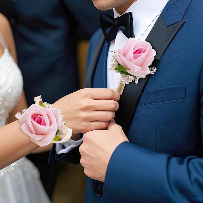 SITUMEIZI 2Pcs Pink Corsage and Boutonniere Set Corsage Wristlet for Prom Decor Boutonniere for Men Wedding Flowers Accessories Party Suit Decoration(Light Pink)
