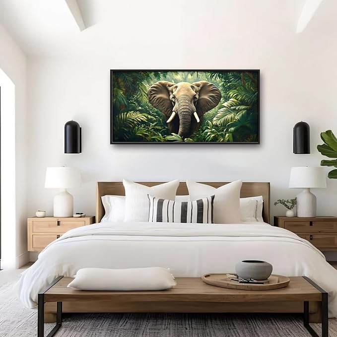 Elephant Large Wall Art Framed Wall Decor for Living Room Rustic Tropical Jungle Pictures Oversized Canvas Print Painting Modern Extra Large Framed Artwork for Bedroom Office 60"x30"