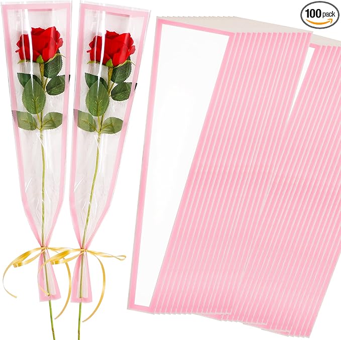 BEISHIDA 100 PCS Single Rose Sleeve Single Flower Wrapping Bags Single Rose Packaging Cellophane Flower Sleeves for Florist Bouquet Supplies, Mother's Day, Valentine's Day,Wedding Gift(White Edge)