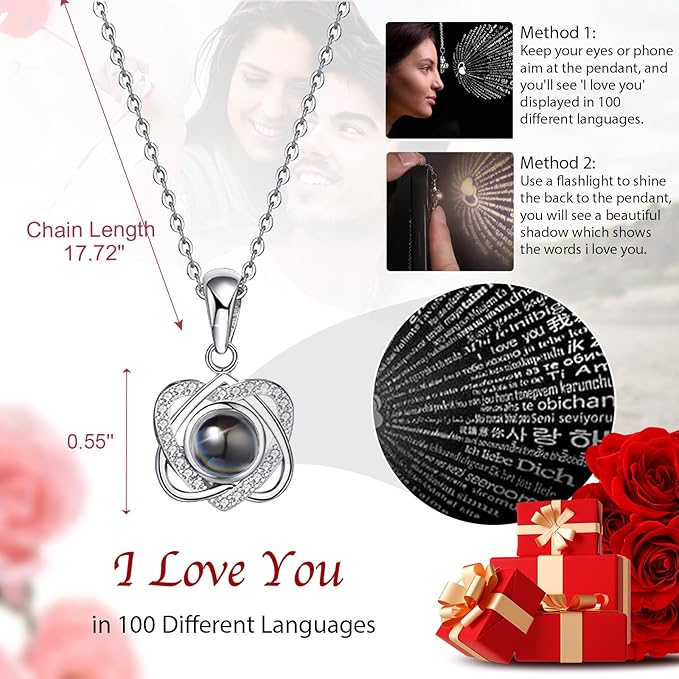 Rotating Preserved Real Rose Gift Box with I Love You Necklace – Spherical Eternal Flower Gifts for Mom, Wife, Grandma, Girlfriend – Forever Love Women Gifts for Christmas, Valentine’s Day (Red)