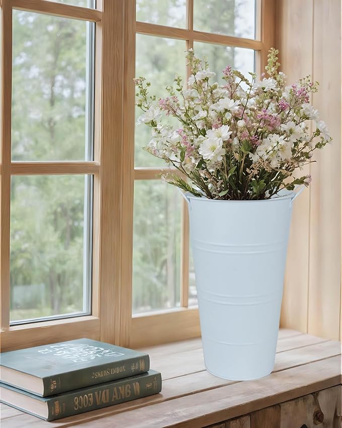 12 Inch Galvanized Metal Vases for Flowers - 2 Pcs Farmhouse Decorative Tall Flower Bucket with Handles, Rustic French Tin Planter Buckets for Wedding Decor (Pure White)
