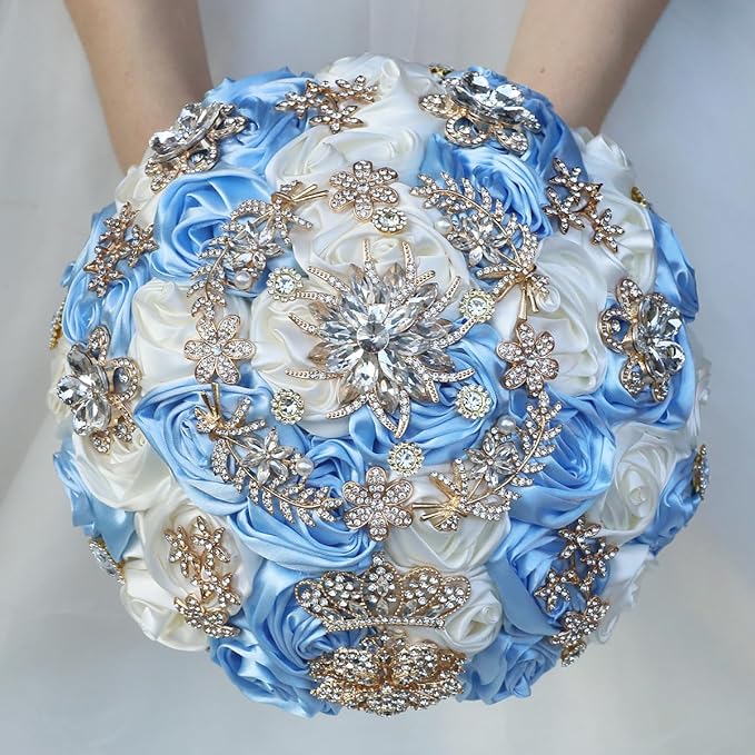 Handmade Satin Rose Floral Bling Pearl Decor Bridal Wedding Bouquet Rhinestone Pendant Artificial Brooch Flowers for Bride Bridesmaid Quinceanera