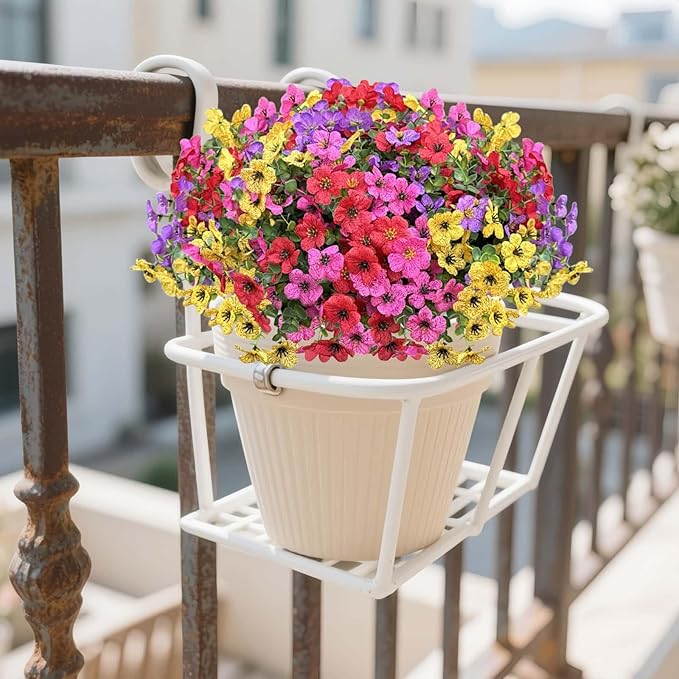 Artificial Flowers Outdoor UV Resistant Fake Plants, 12 Bundles Silk Daisy in Pots for Porch Patio Garden, Faux Potted Home Decor for Outside (Mix Pink, Red, Purple, Yellow)