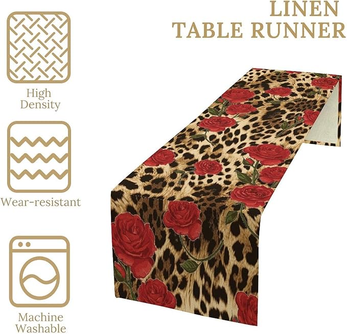 Red Rose Leopard Print Table Runner, Romantic Vintage Rose Flower Spring Summer Dinner Runner Table Decoration for Home Kitchen Dining Holiday Wedding Party 13x108in