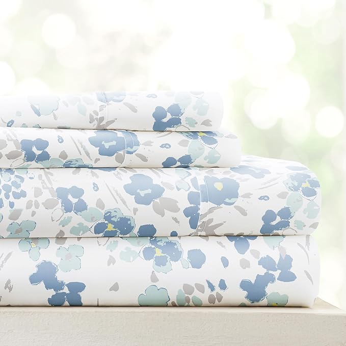Linen Market Double-Brushed Patterned Microfiber Full Sheet Set 4 Piece – Oeko-TEX Certified Ultra Soft & Wrinkle-Free - 16" Deep Pocket Sheets - Easy Care Full Size - Violets Light Blue