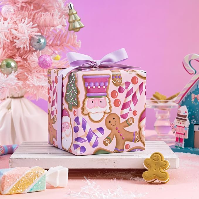 WRAPAHOLIC Christmas Wrapping Paper Roll - Mini Roll - 3 Rolls - 17 Inch x 120 Inch Per Roll - Pink & Blue Gingerbread Wrapping Paper Holiday Collection for Xmas Holiday, Party Celebration