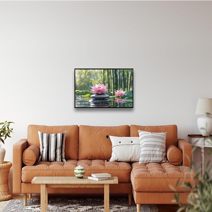 Ethereal pink lotus on obsidian Sunlit bamboo forest with sparkling water drops Poetic nature inspired wall art for tranquil homes and mindful spaces 12x18in Metal blackFramed