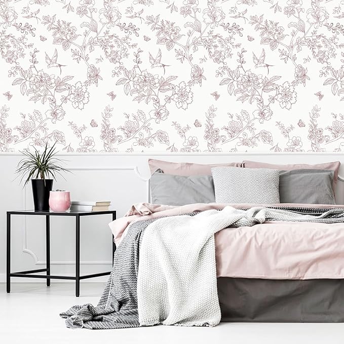 Red and White Floral Peel and Stick Wallpaper 16.9"x196.8" Vintage Floral Contact Paper Peel and Stick Bird Flower Wallpaper Self Adhesive Removable Wall Paper for Cabinets Bathroom Decorative