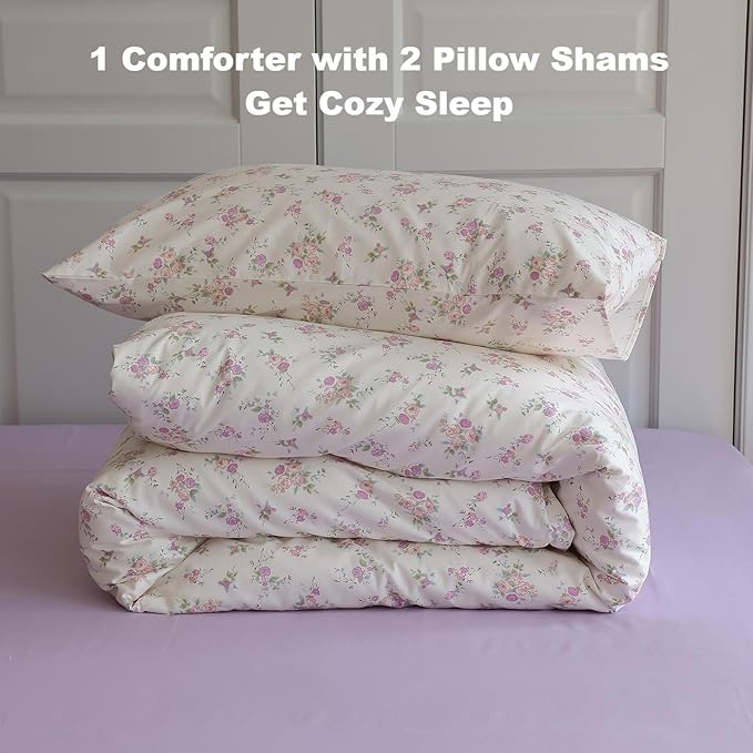 LifeTB Botanical Floral Comforter Set Twin XL Cute Garden Floral Bedding Comforter with 2 Pillowcases Soft Fluffy Pink Purple Flowers Comforter Vintage Style Botanical Comforter Set for Girls Women