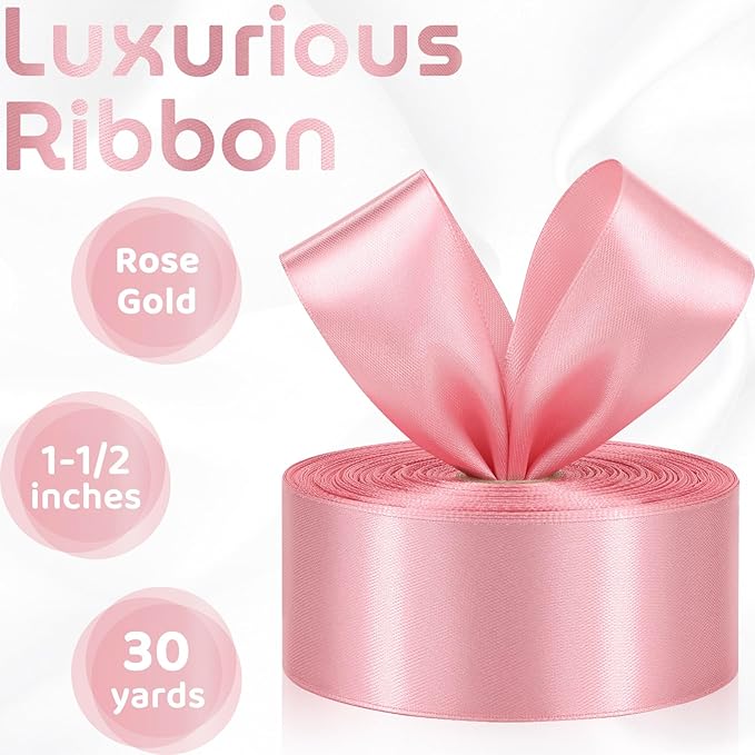 Rose Gold Satin Ribbon 1-1/2 Inch 30 Yards Solid Polyester Ribbon for Gift Wrapping Christmas Wedding Birthday Party Baby Shower Decoration Handmade Immortal Flower Craft