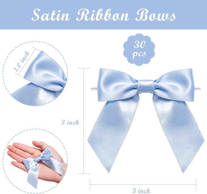WRAPAHOLIC 30 Pcs 3" Dusty Blue Satin Ribbon Bows with Twist Tie - Pretied Premade Craft Bows for Christmas Party Crafts Treat Bags Gift Wrapping Wedding Birthday Baby Shower
