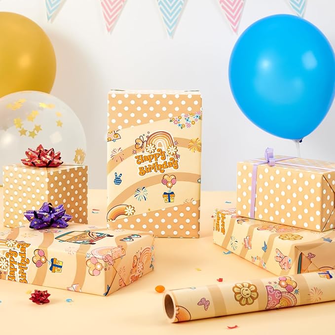 WERNNSAI Groovy Hippie Wrapping Paper - 1 Roll 17” x 33 ft Boho Rainbow Daisy Wrapping Paper Retro Brown Gift Packing Favor for Kids Birthday Vintage Theme Party Supplies Reversible Polka Dot Design