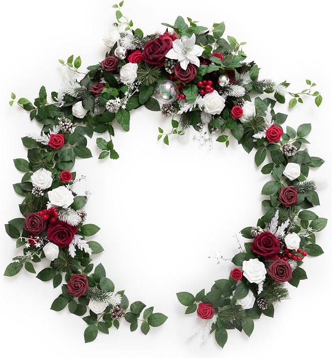 Ling's moment Christmas Eucalyptus Garland with Flowers 6FT，Table Runner with Flowers Marsala Mantle Decor Handcrafted Wedding Centerpieces for Rehearsal Dinner Bridal Shower | Red & White