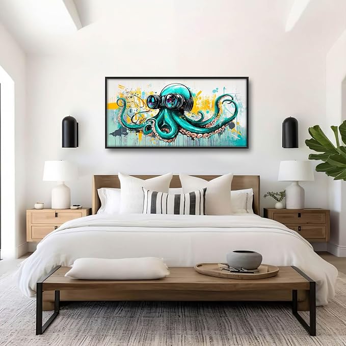 Ocean Octopus Large Wall Art Nautical Pictures Wall Decor Green Canvas Octopus Print Painting Modern Artwork Home Decoration for Living Room Bathroom Bedroom Office Framed 60"x30"
