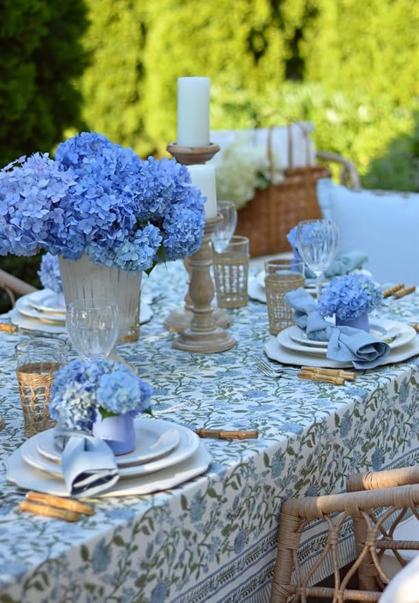 ATOSII Mahoka Blue 100% Cotton Rectangle Tablecloth, Handblock Floral Print Linen Table Cloth for Kitchen Dining I Parties, Outdoors, Weddings, Holidays, Summer I 72 X 108 Inches I 8 Seater
