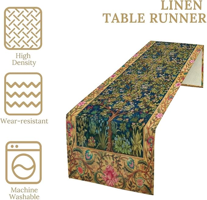 William Morris Table Runner, Boho Rustic Ethnic Tree of Life Flower Original Design Print Table Runner for Home Party Dining Room Kitchen Decor 13x70 Inch
