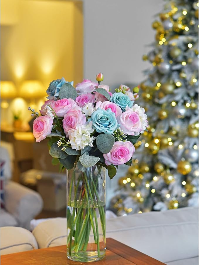 FiveSeasonStuff Fake Roses Wedding Flowers Real Touch Silk White & Purple Artificial Flowers 12 Stems