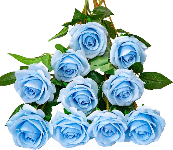 DuHouse 10pcs Fake Roses Artificial Silk Flowers Faux Rose Flower Long Stems Bouquet for Arrangement Wedding Centerpiece Party Home Kitchen Decor (Sky Blue)