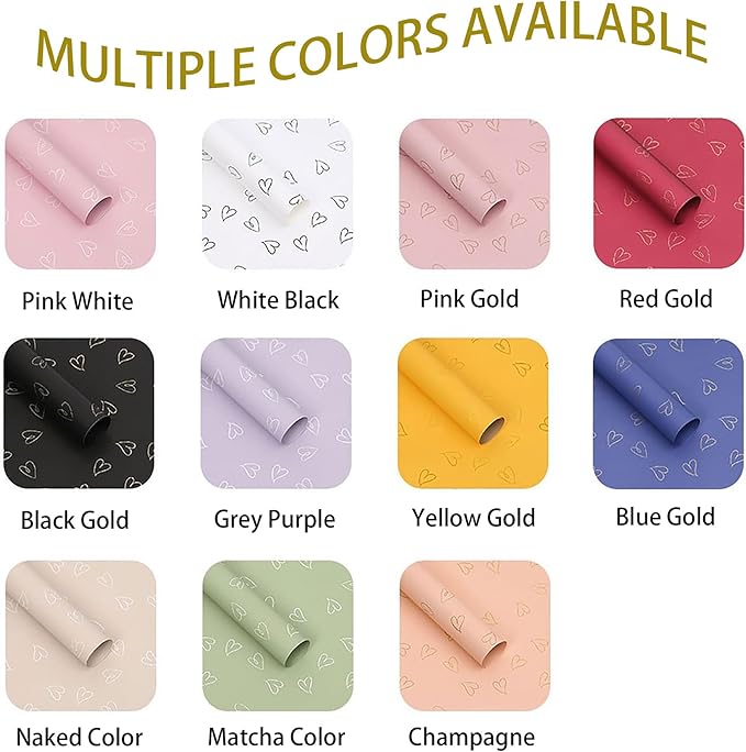 MLSG 20 Sheet Solid Color Heart Wrapping Paper - Waterproof Floral Bouquet Wrapping Paper, Florist Supplies Packaging Paper for Wedding Birthday Gift Wrap Paper (White Gold)
