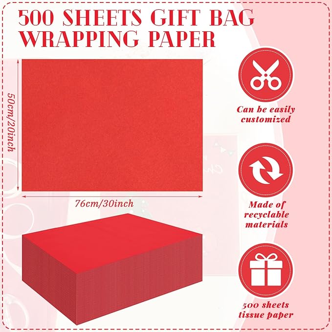 Qilery 500 Sheets Christmas Red Tissue Paper Bulk for Gift Bags 20 x 30 Inch Acid Free Wrapping Paper Sheets for Christmas Decoration DIY Crafts, Packing Supplies for Moving, Wedding Party