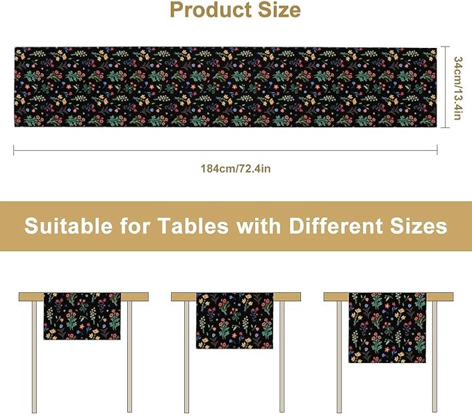 Retro Floral Table Runner, Colorful Bohemian Wildflower Flowers Blooms Vintage Table Runner for Kitchen Dining Party Home Decor, 13x36 Inch