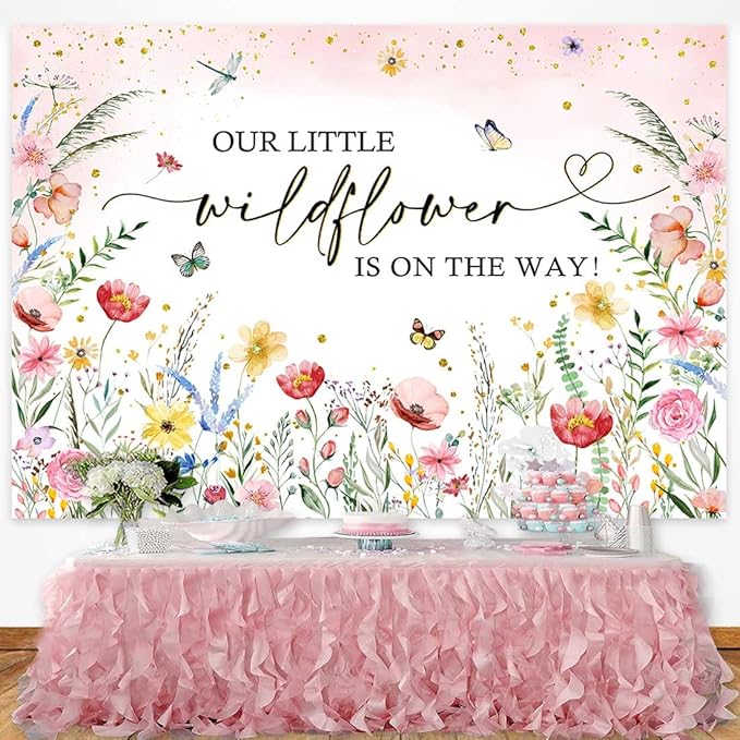 Sensfun Wildflower Baby Shower Backdrop A Little Wildflower is On The Way Baby Shower Decorations Pink Floral She is a Wildflower Baby Girl Party Photography Background Photo Booth Props 7x5ft