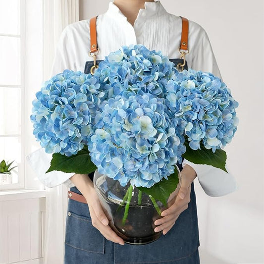 Blue Flowers Hydrangea Artificial Flowers, 4Pcs 22" Large Lifelike Silk Artificial Hydrangeas, Full Fake Flowers for Bouquet Table Centerpieces Outdoor Wedding Indoor Home