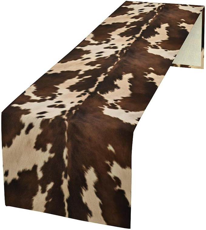 Cow Print Table Runner, Brown Cowhide Western Style Runner Country Farmhouse Cottage Patten Decoration for Home Kitchen Dining,13x60 Inch