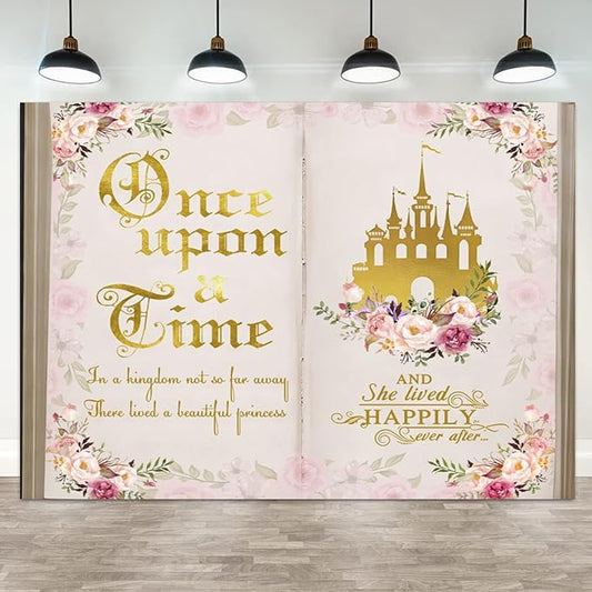 8x4ft Once Upon a Time Backdrop Pink Flower Gold Castle Photography Background Fairy Tale Books Floral Princess Girls Birthday Banner Decorations Fairytale Wedding Portrait Photo Booth Prop