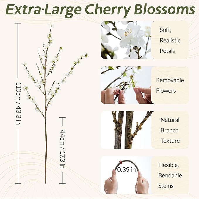 43" Cherry Blossom Branches, 4 Pcs Realistic Silk Artificial Flowers for Indoor Decor, Faux White Cherry Blossom Flower for Vase, Wedding Decoration, Home Centerpieces, Fake Floral Arrangement
