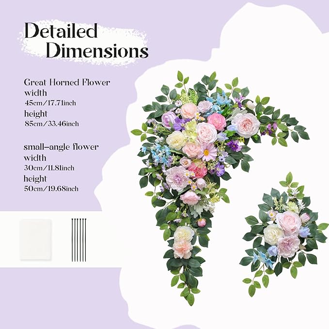 Wedding Arch Flowers Kit,Artificial Flower Arch Decor (Set of 3),2pcs Artificial Flower Arrangement with 1pc Sheer Drape for Wedding Decor Reception Backdrop Floral Decorations (Bluish Pink)