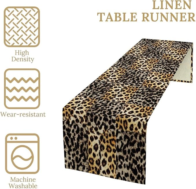 Animal Skin Print Table Runner, Vintage Leopard Farmhouse Cottage Country Western Wildlife Safari Dinner Runner for Home Kitchen Dining Table Party Holiday 13x90in