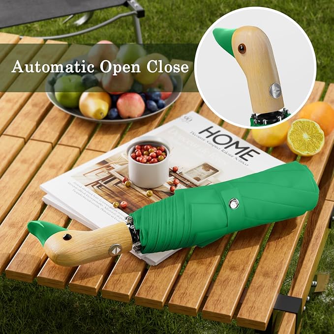 Cute Duck Umbrella Automatic - Compact Pretty Pocket Size Strong Duck Collapsible Umbrella Yellow Wooden Handle for Women