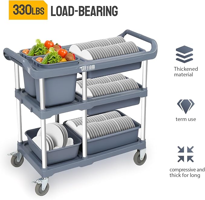 TUFFIOM 3-Tier Plastic Service Storage Utility Cart with Wheels, Heavy Duty Multi-Function Mobile Shelving Unit Organizer, Ideal for Restaurant, Foodservice, Office, Warehouse, Grey