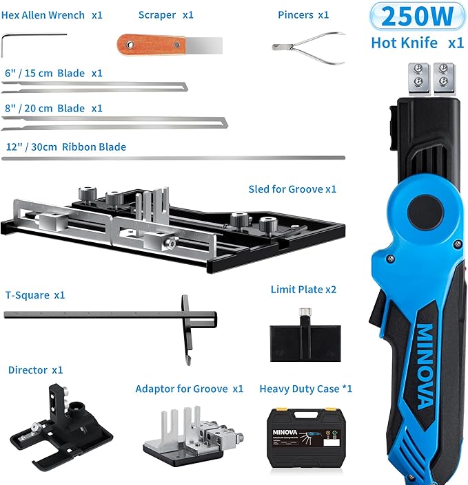 250W AC Rotatable Electric Hot Knife, 6 Blades Foam Cutter Cutting Tool Kit, Full-body Air Cooling System Foam Cutter for EPP, EPS, XPS, EVA, EPE, PU, KT Board, Sponge (Complete Series)